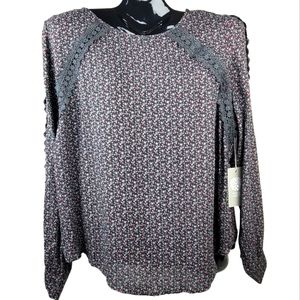 Vince Camuto Opulent Mood Lace Trim Rich Black Floral Print Blouse NWOT